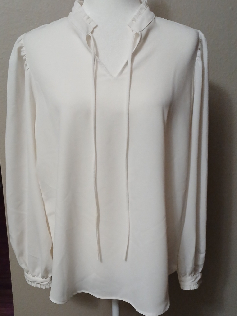 Alfani Ivory Tie-Neck Ruffle Trim Blouse